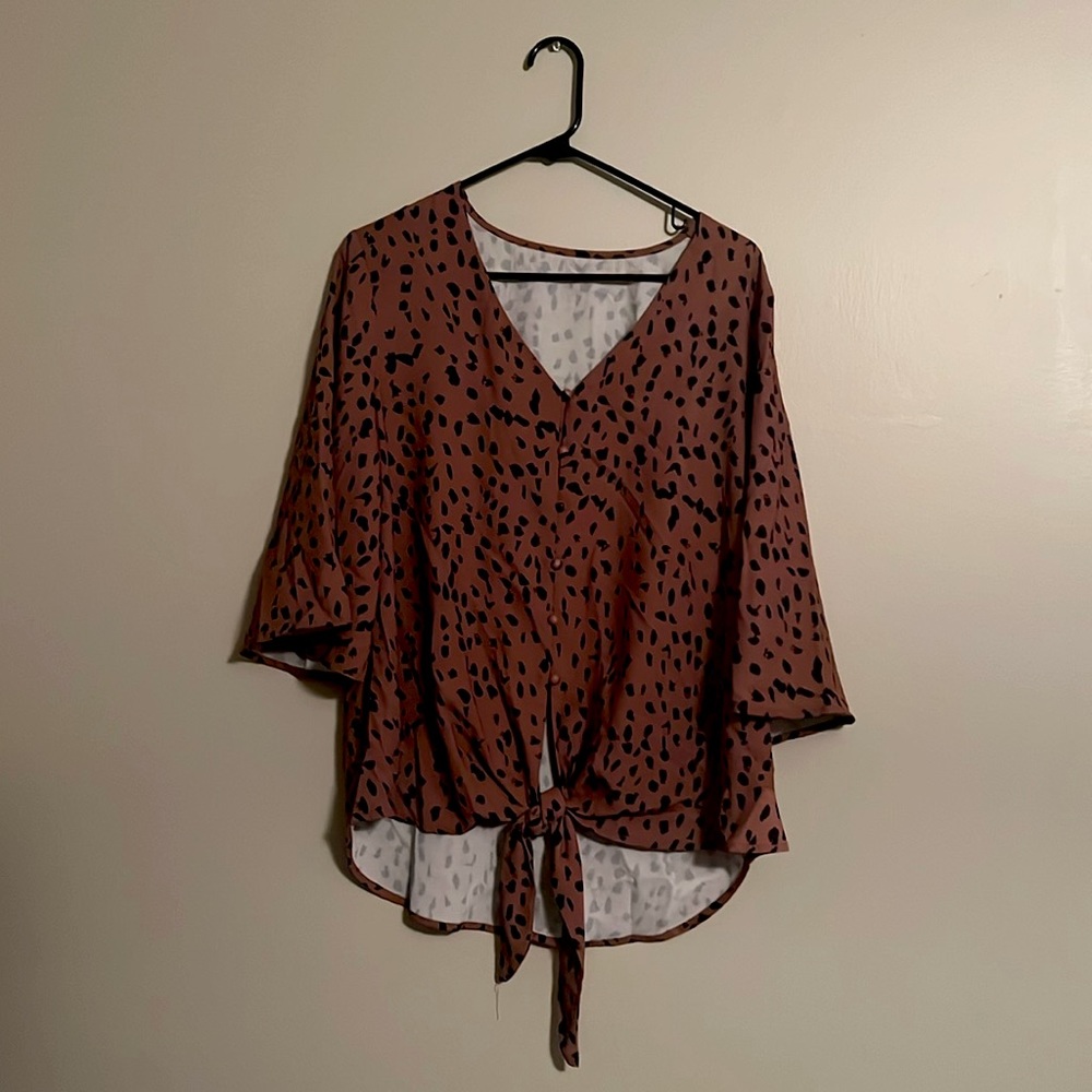 Utyful Blouse V-Neck 3/4 Tie Knot Bell Sleeve Blouse Button Down